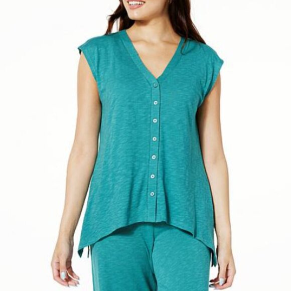 Colleen Lopez Black Button Front Cap Sleeve Top Medium - Picture 1 of 2